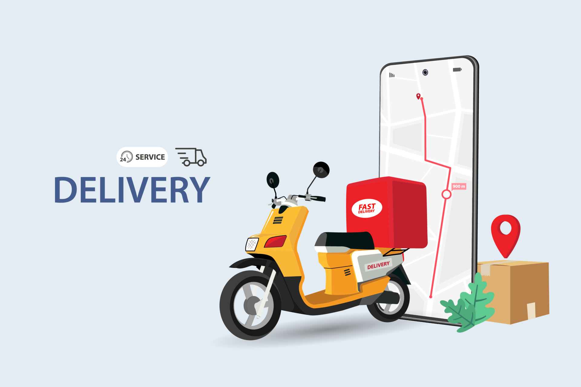 Fast delivery by scooter on mobile. E-commerce concept